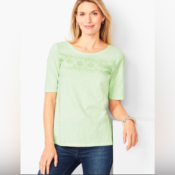 Talbots Cotton Cap Short Sleeve Green Striped Embroidered Slub Tee Shirt Small - Picture 1 of 11